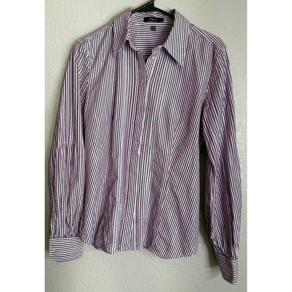 Express Womens M Button Down Shirt Purple White Striped Metallic Long Sleeve